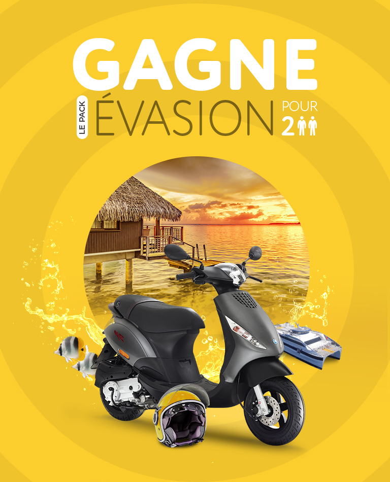 1 SCOOTER ZIP PIAGGIO - 2 CASQUES <br/> 
2 A/R AREMITI MOOREA<br/> 
3 NUITS BUNGALOW PISCINE MANAVA MOOREA<br/> 
1 AN D'ASSURANCE<br/> 
50 000 F DE CARBURANT<br/>