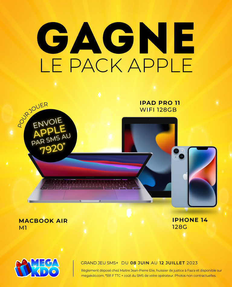 Un ordinateur MacBook Air M1<br>
Un iPhone 14 128G<br>
Un iPad PRO 128G<br>