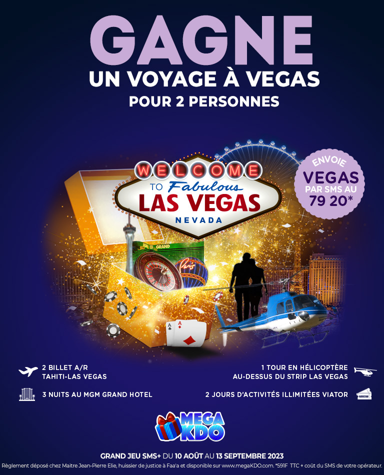 2 billets A/R TAHTI-LAS VEGAS<br>
3 nuits au MGM Grand Hotel<br>
1 tour en hélicoptère au-dessus du Strip Last Vegas<br>
2 jours d'activités illimitées Viator